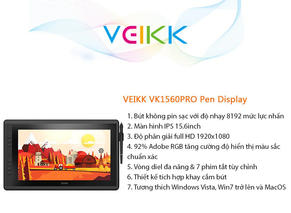 Bảng Vẽ Màn Hình VEIKK VK1560 Pro 15.6inch FullHD Vòng Dial 92%NTSC - longbinh.com.vn